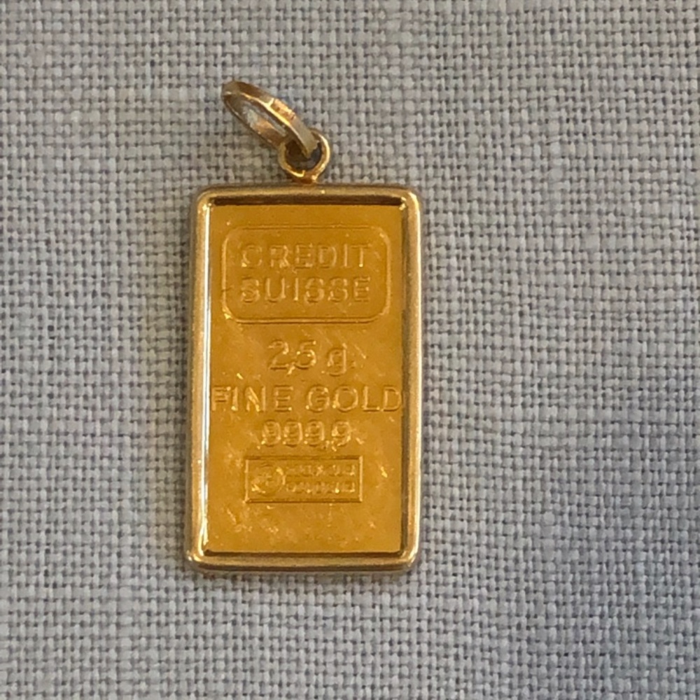 24kt Credit Suisse 2.5 gram Gold Bar in an 14k Bezel